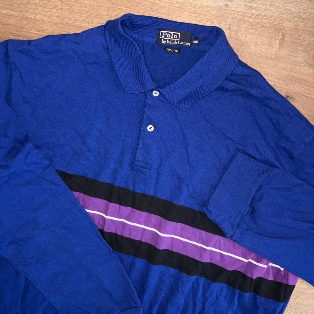 VTG Polo Ralph Lauren Polo Shirt Men XXL 2XL Blue Long Sleeve Block Stripe